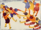 Tug Of War by Ethel Spowers, 1933, colour linocut on paper, sold May 2025