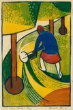 The Lawn Mower by Dorrit Black, c.1931 – 32, colour linocut on paper, sold May 2025