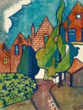 Dutch Houses by Dorrit Black, c.1929, colour linocut on paper, sold May 2025