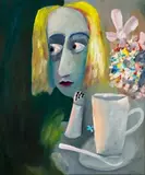 Head Of Alice With Cup And Saucer by Charles Blackman, 1956, tempera and oil on card on particle board, sold May 2025