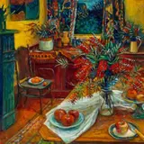 Interior With Bottlebrush by Margaret Olley, 1991, oil on composition board, sold May 2025