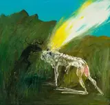 Nebuchadnezzar Being Struck By Lightning In A Rocky Landscape With Black Ram by Arthur Boyd, c.1968 – 71, oil on canvas on composition board, sold May 2025