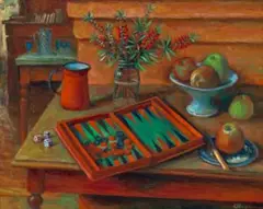 Backgammon And Bottlebrush by Margaret Olley, 1998 – 99, oil on composition board, sold May 2025