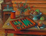 Backgammon And Bottlebrush by Margaret Olley, 1998 – 99, oil on composition board, sold May 2025