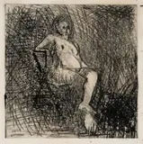 Nude Seated On A Folding Chair by Frank Auerbach, 1954, from Six Drypoints of the Nude, 1954, sold May 2025