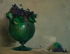 Still Life With Green Vase And Violets by Arthur Streeton, 1905, oil on canvas, sold May 2025