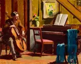 Interior With Cello Player (Graeme Inson) by Max Meldrum, 1949, oil on composition board, sold May 2025