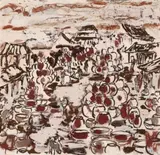 Market Scene, Peking by Ian Fairweather, c.1945, gouache and pencil on paper, sold May 2025