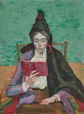 The reader (the school cape) by Grace Cossington Smith, c.1916, oil on canvas on pulpboard, sold Aug 2025