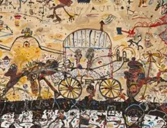 Adios grumpy author [Patrick White and the Gypsy Caravan] by John Olsen, 1991, oil on canvas, sold Aug 2025