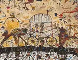 Adios grumpy author [Patrick White and the Gypsy Caravan] by John Olsen, 1991, oil on canvas, sold Aug 2025