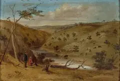 On the Barwon River near Fyansford, Victoria by S. T. Gill, 1855, oil on compressed card, sold Aug 2025
