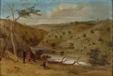 On the Barwon River near Fyansford, Victoria by S. T. Gill, 1855, oil on compressed card, sold Aug 2025
