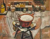 Garden under snow at Ecclestone Street, Pimlico by Roy De Maistre, 1947, oil on canvas, sold Aug 2025