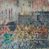 Cityscape by Godfrey Miller, c.1950 – 52, oil on canvas on compressed card, sold Aug 2025