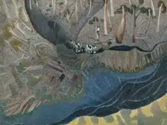 Morning landscape with neighbour’s bull by William Robinson, 1991, oil on canvas, sold Aug 2025
