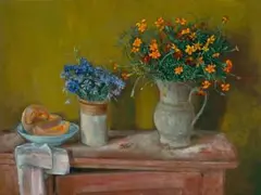 Marigolds and cornflowers by Margaret Olley, 1973, oil on composition board, sold Aug 2025