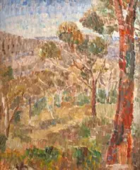 Bush scene by Grace Cossington Smith, 1955, oil on card on board, sold Aug 2025