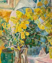 Golden wattle by Grace Cossington Smith, oil on pulpboard, sold Aug 2025