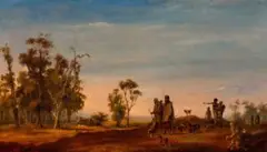 [Aboriginal group on the tramp, towards evening] by Alexander Schramm, 1851, oil on canvas, sold Nov 2025