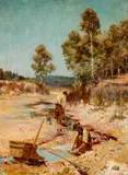 Gold prospecting, near Creswick by James Miller Marshall, 1892, oil on board, sold Nov 2025