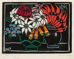 Sturt’s desert pea by Margaret Preston, 1925, hand-coloured woodcut, sold Nov 2025