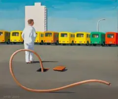 Study for Bus depot by Jeffrey Smart, 1979, oil on prepared cardboard, sold Nov 2025