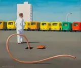 Study for Bus depot by Jeffrey Smart, 1979, oil on prepared cardboard, sold Nov 2025