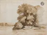 Bord de rivière aux grands arbres by Louis-Nicolas Cabat, Encre et lavis d'encre sur traits de crayon (mise au carreau), sold Oct 2025