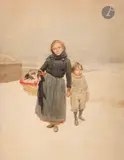 Deux enfants en hiver by Maximilienne Guyon, Aquarelle, sold Oct 2025