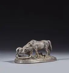 Jument et son poulain à la corbeille by Pierre-Jules Mêne, Bronze à patine argentée, sold Jun 2024