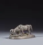 Jument et son poulain à la corbeille by Pierre-Jules Mêne, Bronze à patine argentée, sold Jun 2024