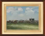 The finish of the Lincolnshire Handicap, Doncaster by John Beer, 1914, Gouache, sold Mar 2023