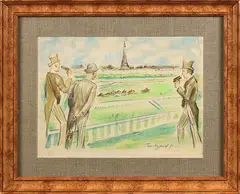 Courses à Longchamp by Louis Touchagues, 1971, Aquarelle sur traits d'encre, sold Mar 2023