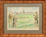 Courses à Longchamp by Louis Touchagues, 1971, Aquarelle sur traits d'encre, sold Mar 2023