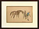 Jockey se rendant à la pesée après la course by Pierre Olivier Dubaut, Lavis d'encre rehaussé de gouache, sold Mar 2023