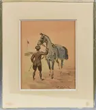Lad tenant un cheval à la couverture bleue by Pierre Olivier Dubaut, Aquarelle, sold Mar 2023