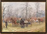 Équipage et vautrait Vouzeron-Sologne (1876 - 1911) au baron Roger, piqueux se rendant à la brisée en présence du marquis et de la marquise du Vivier (D'après u by Karl Reille, Gouache, sold Mar 2023