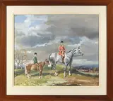 Portrait de la Comtesse de Rochefort en tenue de l'équipage Kermaingant et son fils à cheval by Karl Reille, Gouache, sold Mar 2023