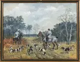 Rallye Malleret, chiens en défaut sur une allée, Monsieur Paul Clossmann et son piqueux by Karl Reille, Gouache, sold Mar 2023