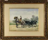 Le cocher de l'équipage Ménier sur une Victoria attelée by Charles César Fernand de Condamy, 1880, Aquarelle, sold Mar 2023
