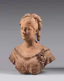 Buste de jeune femme, des fleurs dans les cheveux et sur le col by Émile André Boisseau, Terre cuite patinée, sold Feb 2023