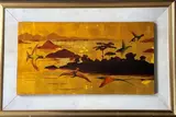 Paysage aux oiseaux exotiques by André Margat, 1976, Panneau en laque signé et daté en bas à gauche, sold Mar 2023