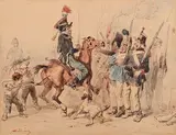Les petits plaisantins : sujet humoristique militaire by Clément-Auguste Andrieux, Plume et encre grise, aquarelle sur traits de crayon noir, sold Mar 2024