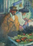 Marchand à l'étalage by Louis Fortuney, Pastel sur papier, sold Dec 2024
