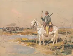 Le gardian et taureaux en Camargue by Édouard Doigneau, Aquarelle et rehauts de gouache sur papier, sold Dec 2024
