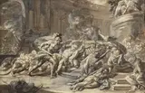 Pyrrhus tuant Priam by Jean-Baptiste Regnault, Plume et encre grise, lavis gris et rehauts de gouache blanche, sold Mar 2023