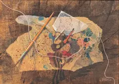 Nature morte à la plume et au pinceau by Albert Flocon, Gouache et huile sur carton signée en bas à droite et datée, sold Feb 2023
