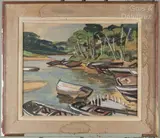 Barques en bord de rivière by Victor Jean Desmeures, Gouache sur papier signée en bas à droite, sold Feb 2025