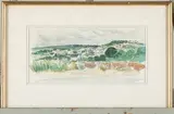 Village depuis les hauteurs by Henri Baviéra, Crayon et aquarelle signés en bas à droite, sold Feb 2025